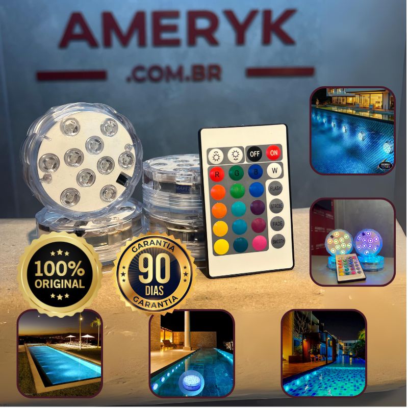 OFERTA DE CARNAVAL - Kit Luminárias de Piscina RGB - Sem Fio Com Controle Remoto - AMERYK